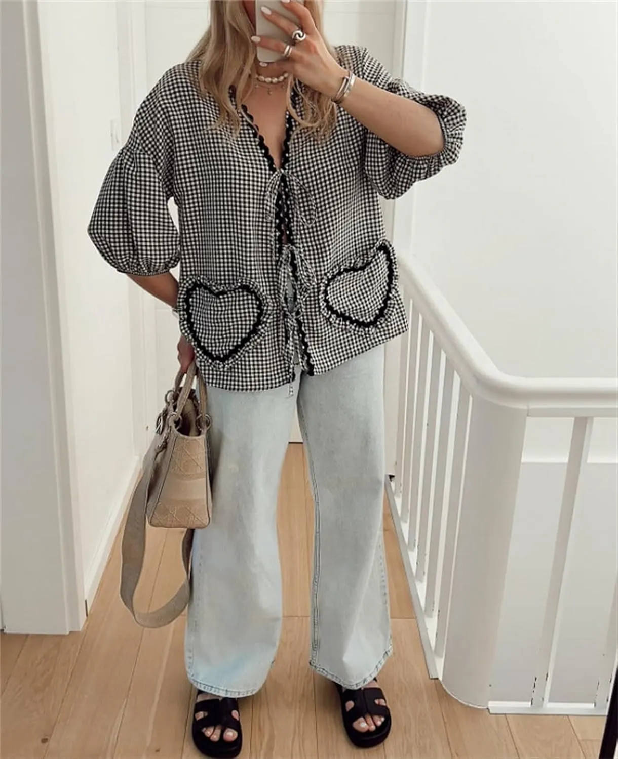 Love Heart Embroidery Peplum Blouse for Women Short Puff Sleeve Tie Front Shirt Y2k Girls Cute Babydoll Blouse