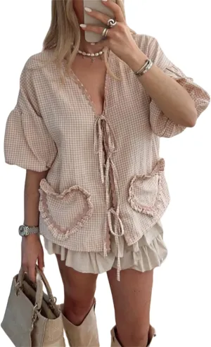 Love Heart Embroidery Peplum Blouse for Women Short Puff Sleeve Tie Front Shirt Y2k Girls Cute Babydoll Blouse
