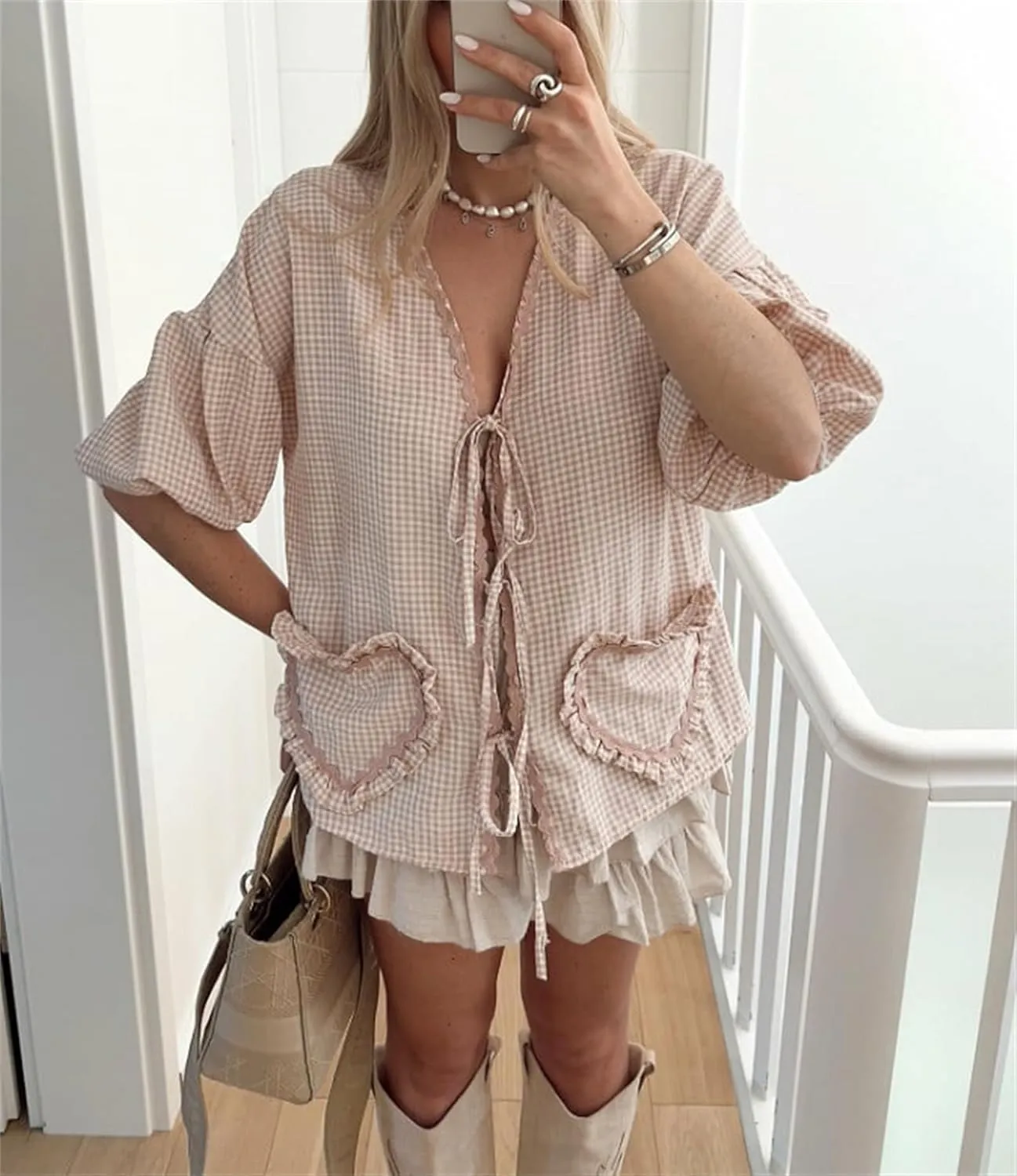 Love Heart Embroidery Peplum Blouse for Women Short Puff Sleeve Tie Front Shirt Y2k Girls Cute Babydoll Blouse
