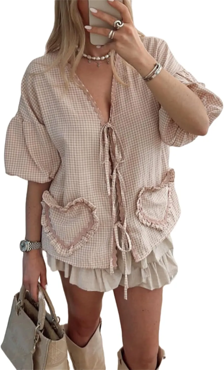 Love Heart Embroidery Peplum Blouse for Women Short Puff Sleeve Tie Front Shirt Y2k Girls Cute Babydoll Blouse