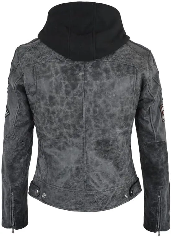 LP-FACON Women Retro Grey Hooded Biker Distressed Leather Jacket - Vintage Cafe Racer Badges Motorcycle Patches Jacket