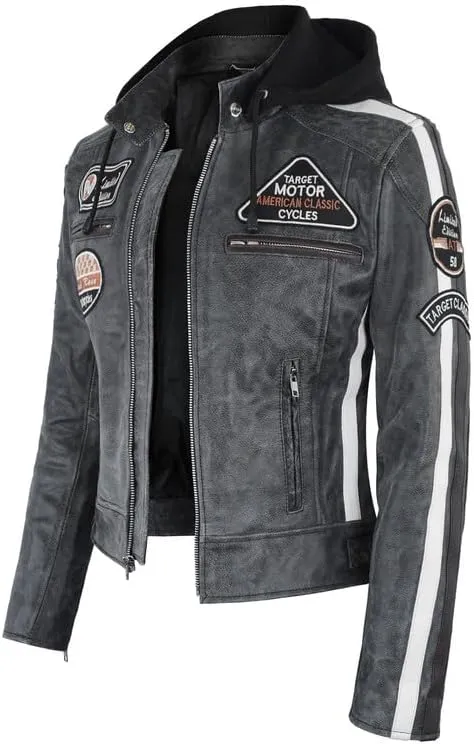 LP-FACON Women Retro Grey Hooded Biker Distressed Leather Jacket - Vintage Cafe Racer Badges Motorcycle Patches Jacket