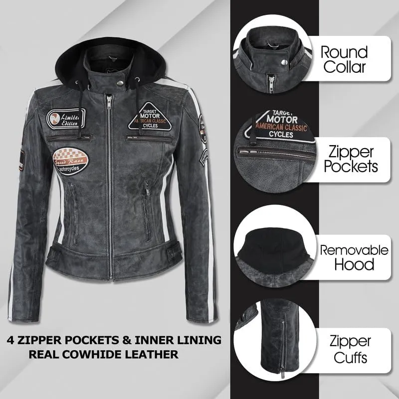 LP-FACON Women Retro Grey Hooded Biker Distressed Leather Jacket - Vintage Cafe Racer Badges Motorcycle Patches Jacket