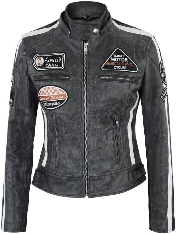LP-FACON Women Retro Grey Hooded Biker Distressed Leather Jacket - Vintage Cafe Racer Badges Motorcycle Patches Jacket