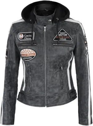 LP-FACON Women Retro Grey Hooded Biker Distressed Leather Jacket - Vintage Cafe Racer Badges Motorcycle Patches Jacket