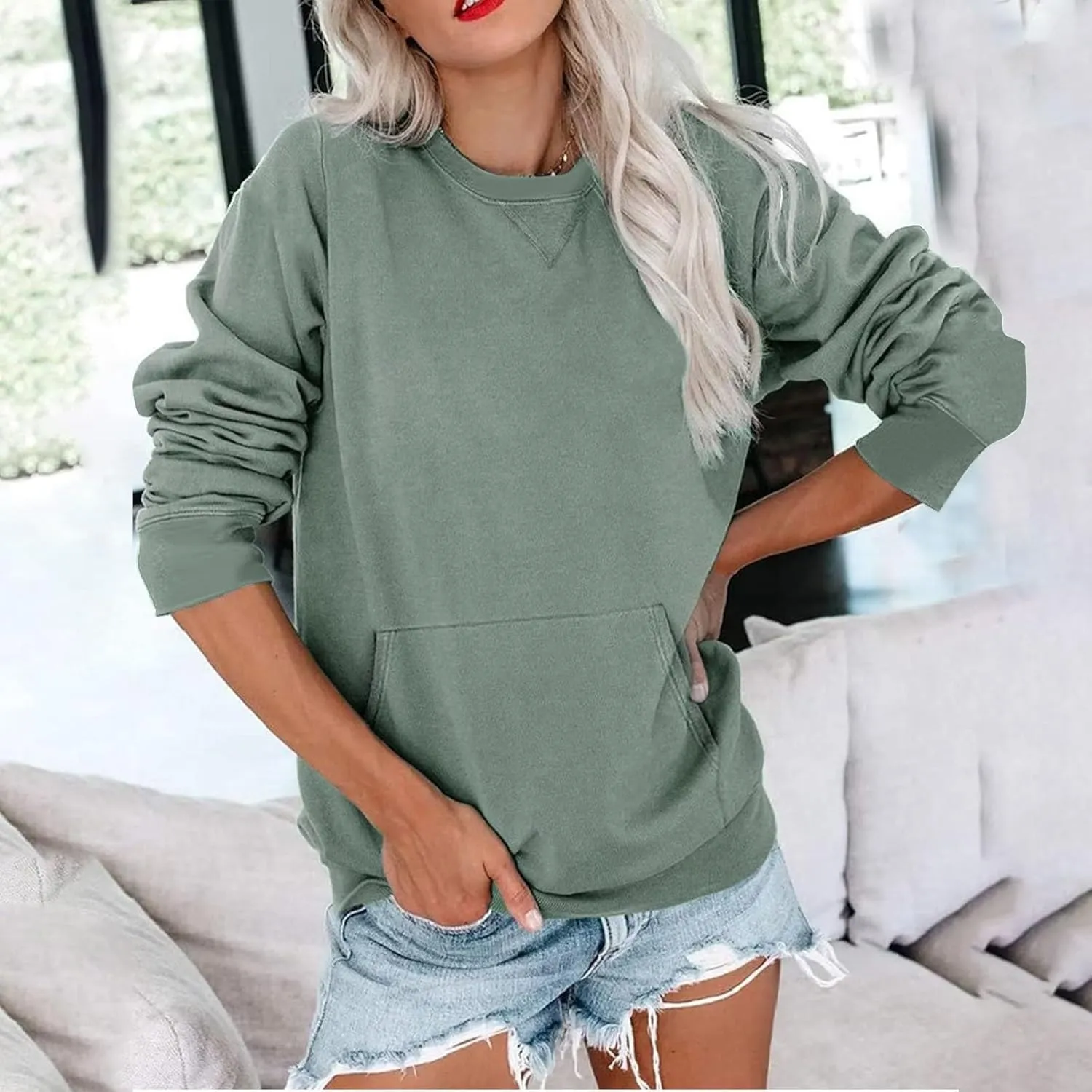 LRMQS Womens Crewneck Long Sleeve Sweatshirt with Kangaroo Pocket Solid Color Pullover Sweatshirts Fall 2023 Fashion Shirt