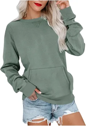 LRMQS Womens Crewneck Long Sleeve Sweatshirt with Kangaroo Pocket Solid Color Pullover Sweatshirts Fall 2023 Fashion Shirt