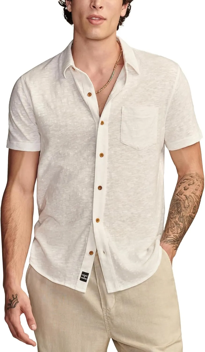 Lucky Brand Men's Linen Short Sleeve Button UP Shirt