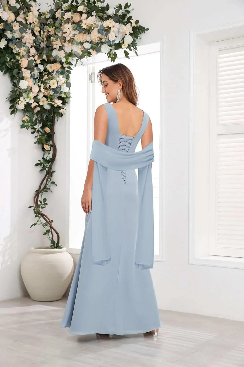 MAGGCIF Tea Length Mother of The Bride Dresses for Wedding with Shawl Chiffon Ruffle Beaded Long Formal Evening Wedding Dress
