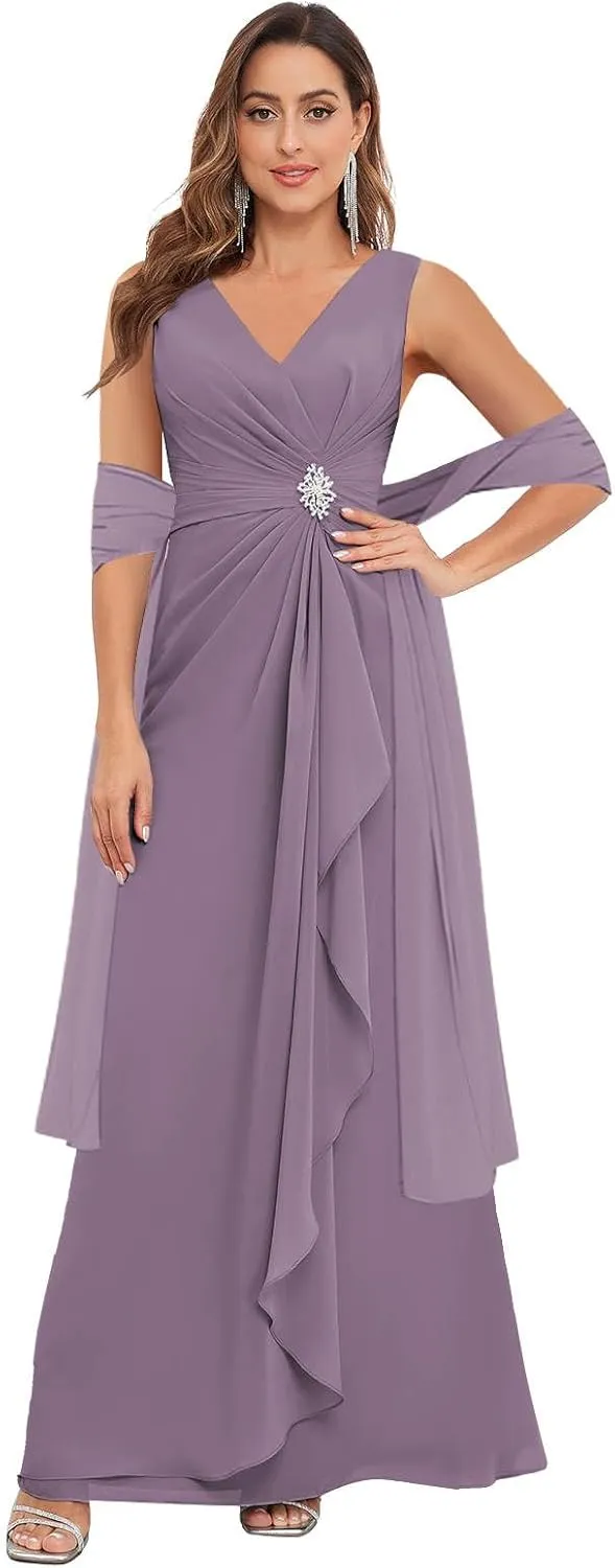 MAGGCIF Tea Length Mother of The Bride Dresses for Wedding with Shawl Chiffon Ruffle Beaded Long Formal Evening Wedding Dress