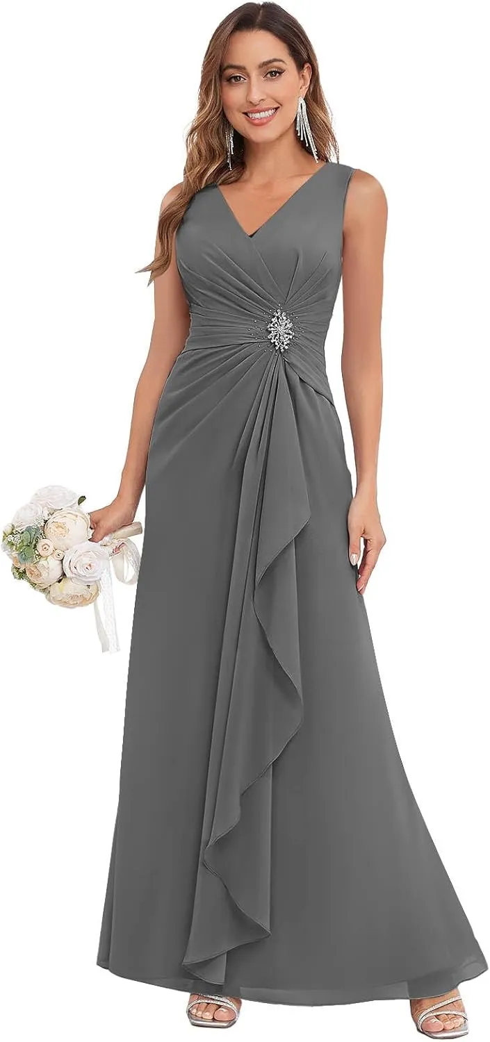 MAGGCIF Tea Length Mother of The Bride Dresses for Wedding with Shawl Chiffon Ruffle Beaded Long Formal Evening Wedding Dress