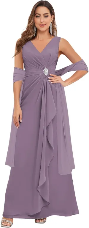 MAGGCIF Tea Length Mother of The Bride Dresses for Wedding with Shawl Chiffon Ruffle Beaded Long Formal Evening Wedding Dress