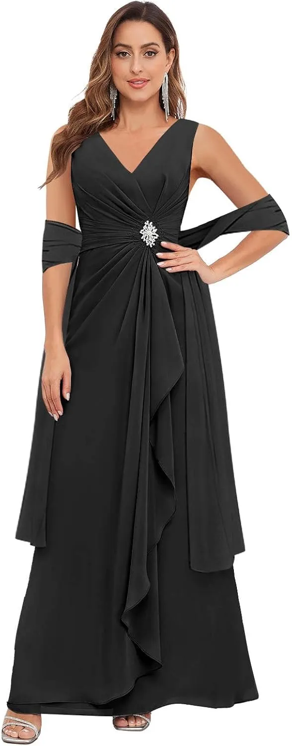 MAGGCIF Tea Length Mother of The Bride Dresses for Wedding with Shawl Chiffon Ruffle Beaded Long Formal Evening Wedding Dress