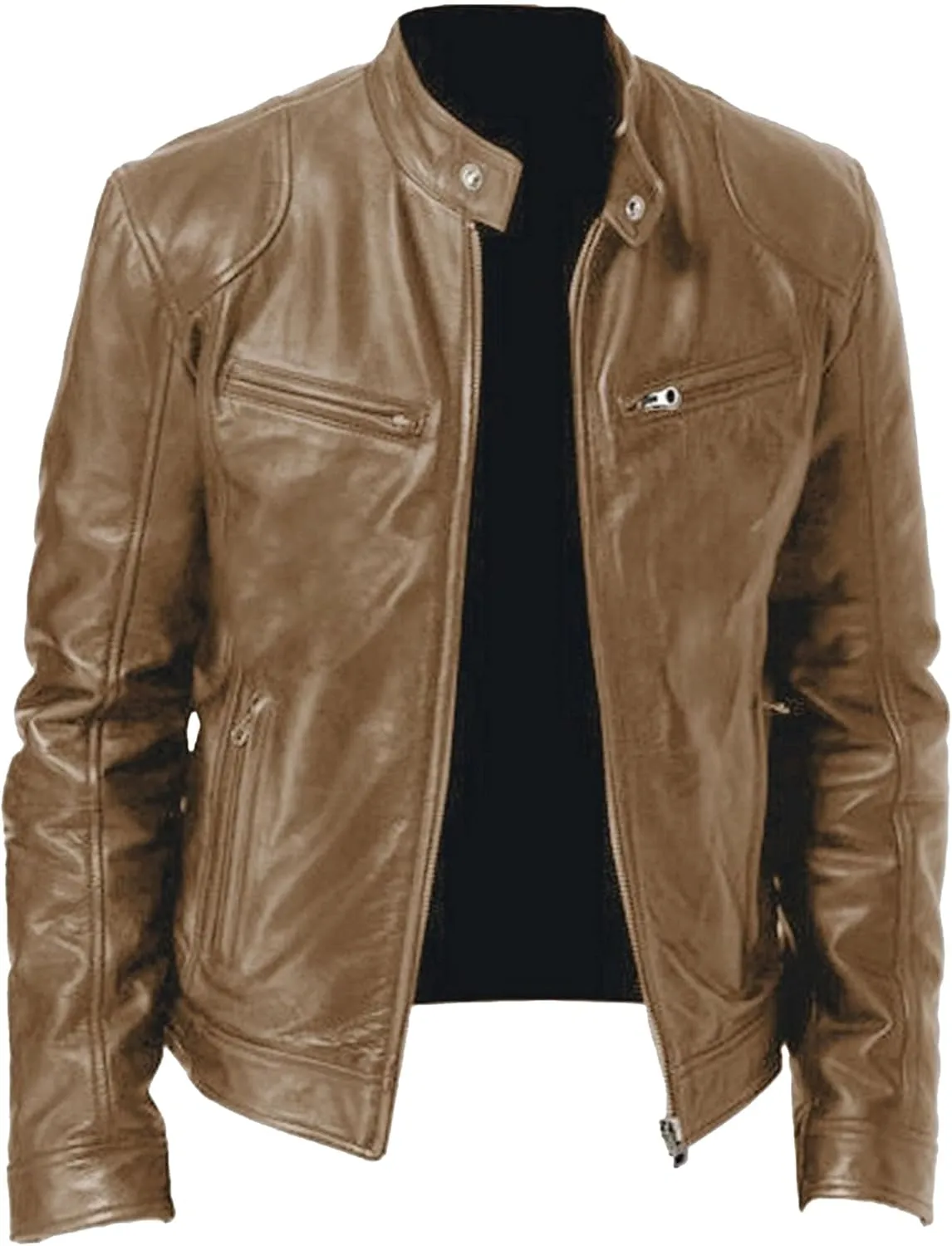 Maiyifu-GJ Men's Leather Jackets Stand Collar Slim Fit Faux Leather Jacket Casual Lightweight Motorcycle Biker Coat Outerwear