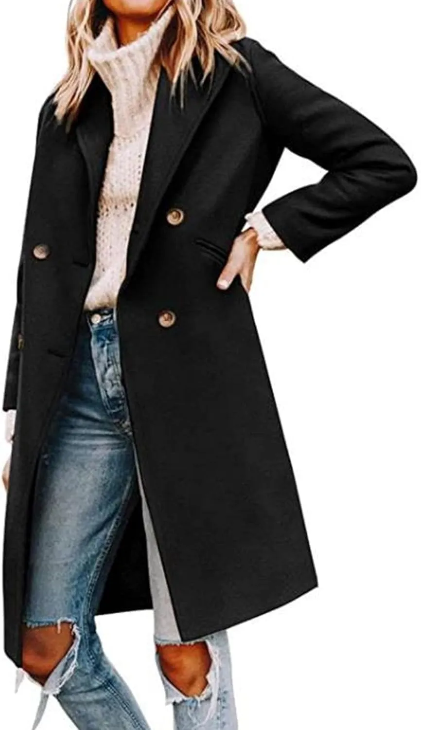 Maiyifu-GJ Womens Notched Lapel Mid Long Trench Coat Double Breasted Wool Blend Coat Winter Casual Long Jackets