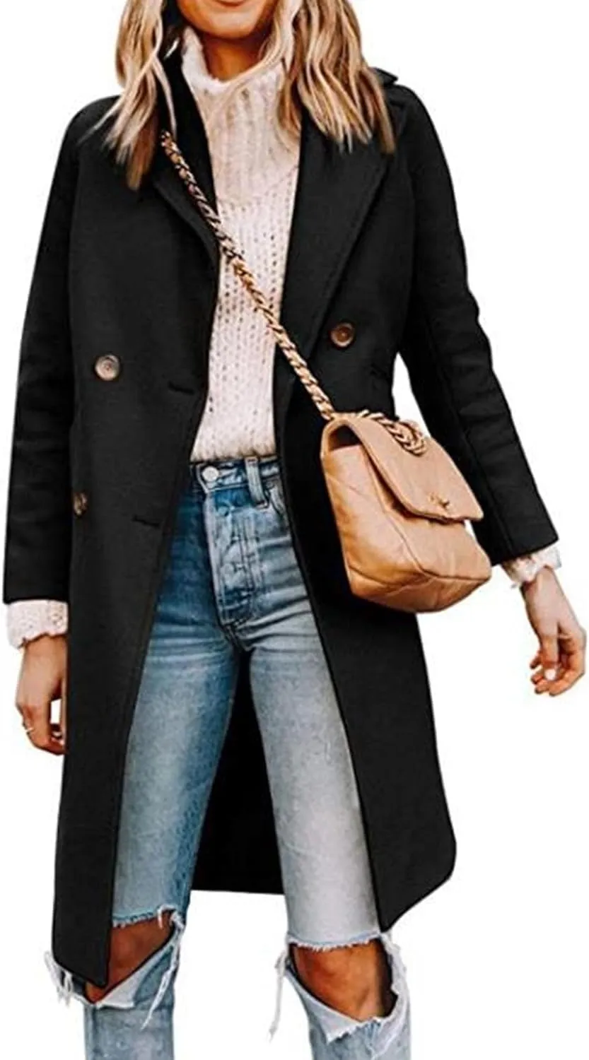 Maiyifu-GJ Womens Notched Lapel Mid Long Trench Coat Double Breasted Wool Blend Coat Winter Casual Long Jackets