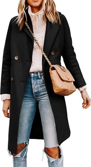 Maiyifu-GJ Womens Notched Lapel Mid Long Trench Coat Double Breasted Wool Blend Coat Winter Casual Long Jackets