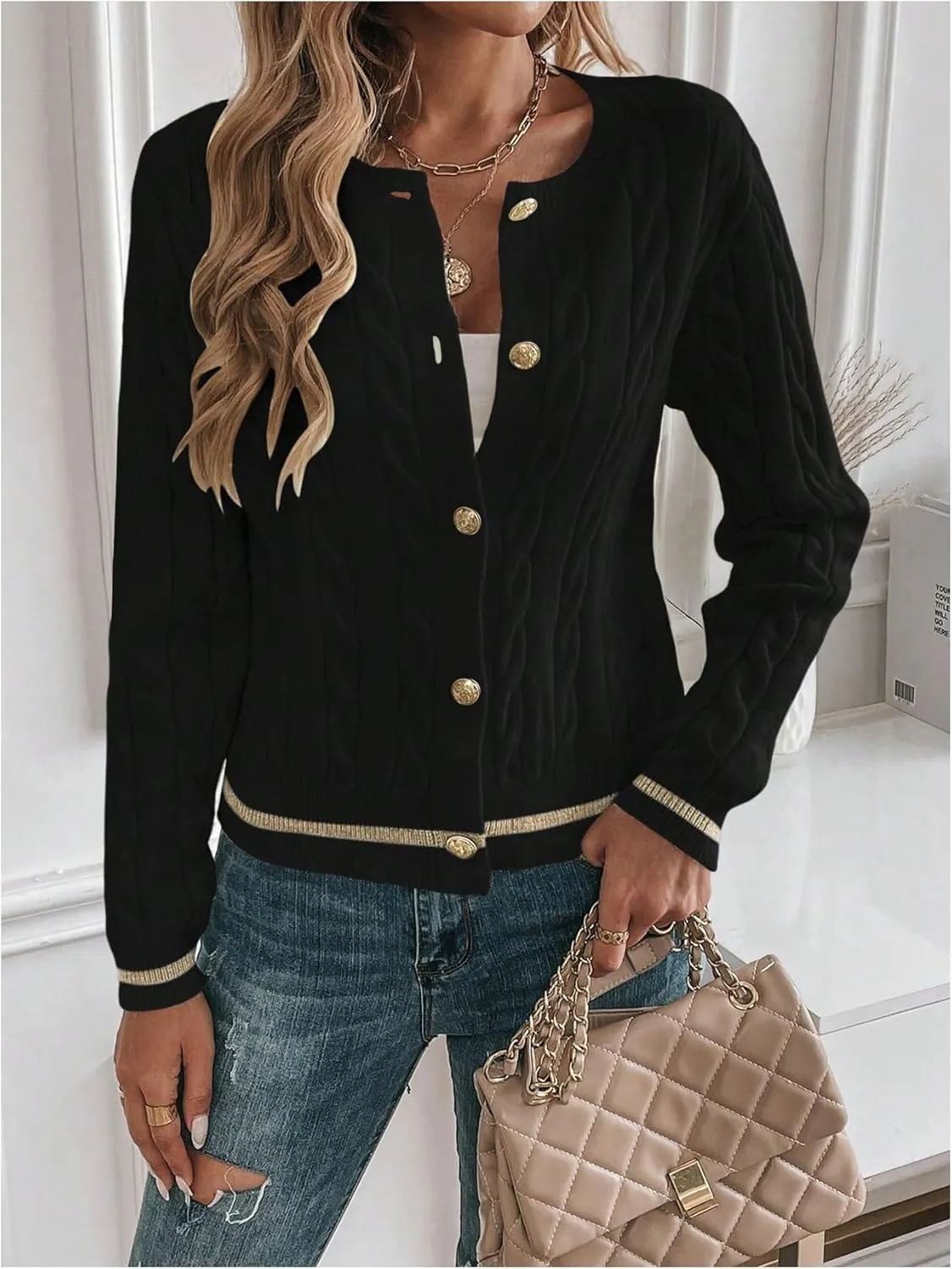MakeMeChic Women's Cardigan Sweaters Cable Knit Sweater Button Down Shirt