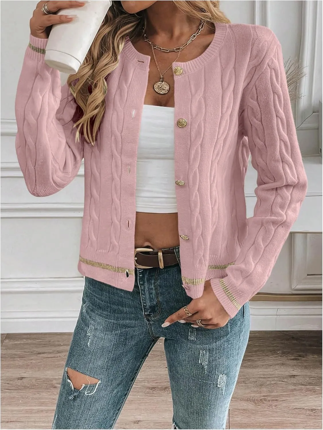 MakeMeChic Women's Cardigan Sweaters Cable Knit Sweater Button Down Shirt