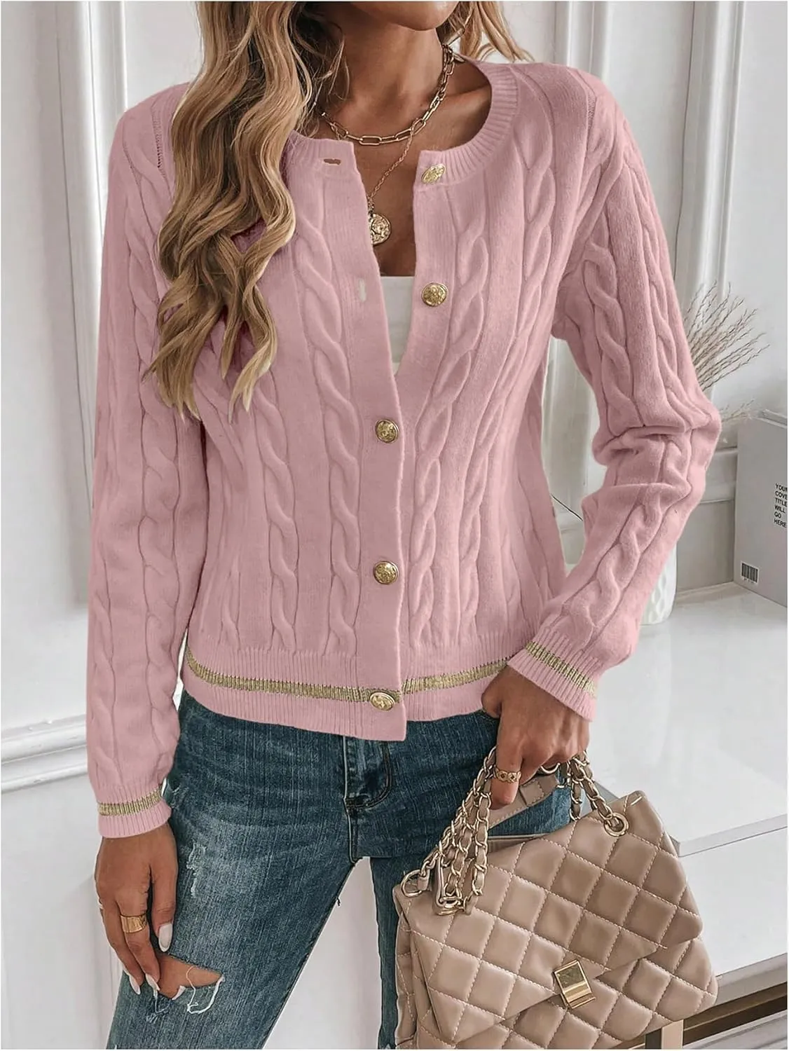 MakeMeChic Women's Cardigan Sweaters Cable Knit Sweater Button Down Shirt