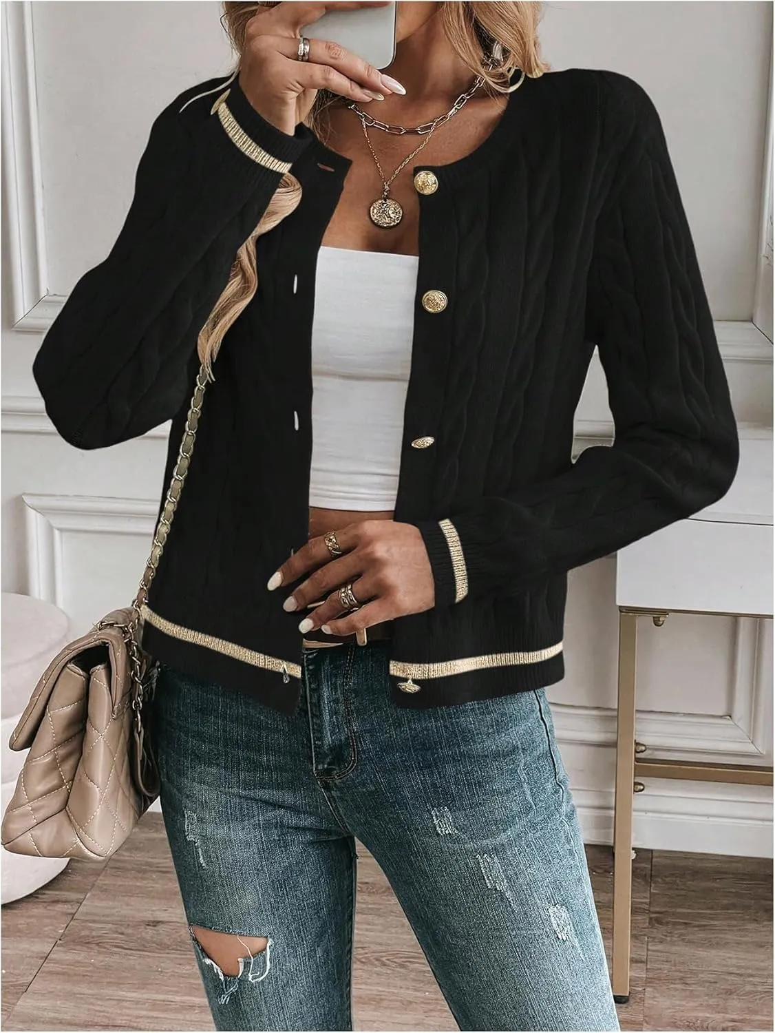 MakeMeChic Women's Cardigan Sweaters Cable Knit Sweater Button Down Shirt
