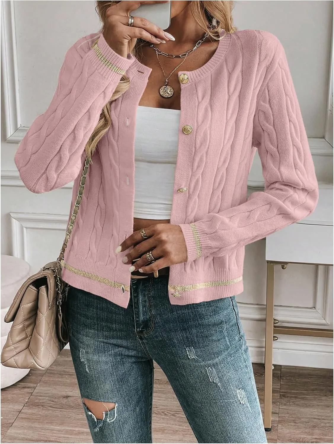 MakeMeChic Women's Cardigan Sweaters Cable Knit Sweater Button Down Shirt
