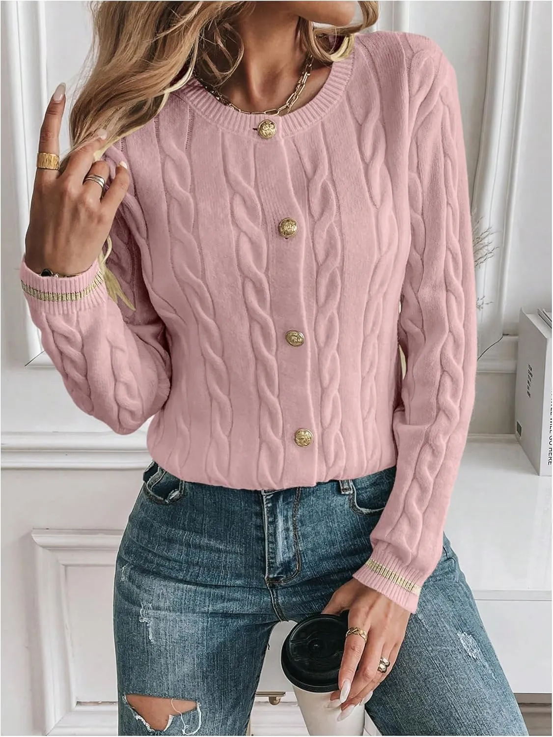 MakeMeChic Women's Cardigan Sweaters Cable Knit Sweater Button Down Shirt