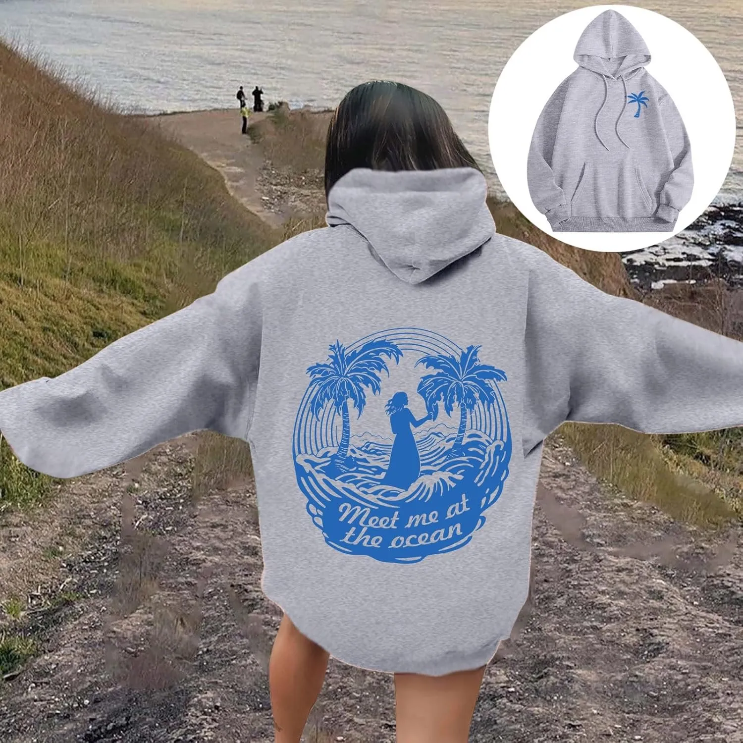 Meet Me at The Ocean Oversized Hoodies for Women Casual Drawstring Sweatshirt Fashion Long Sleeve Pullover