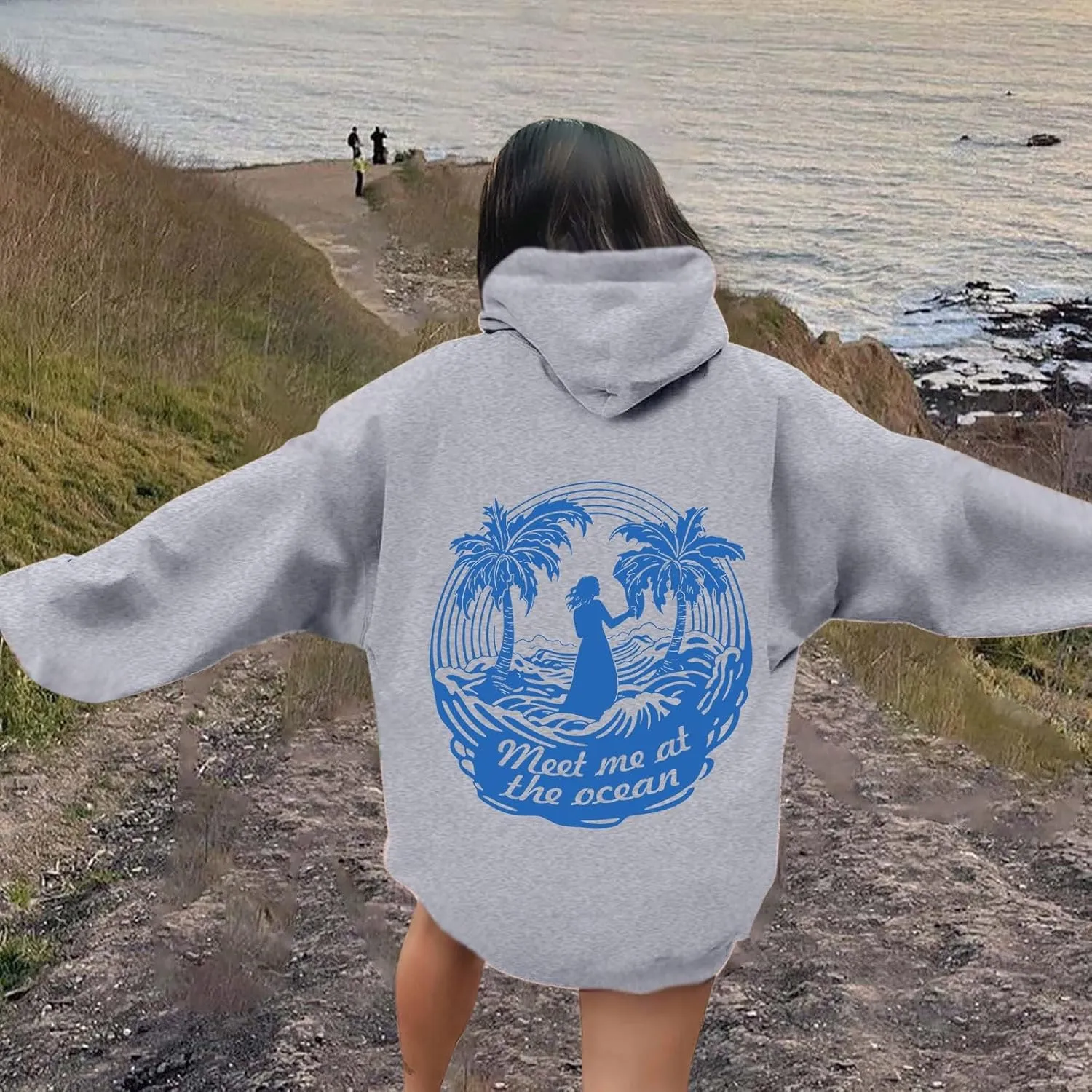 Meet Me at The Ocean Oversized Hoodies for Women Casual Drawstring Sweatshirt Fashion Long Sleeve Pullover
