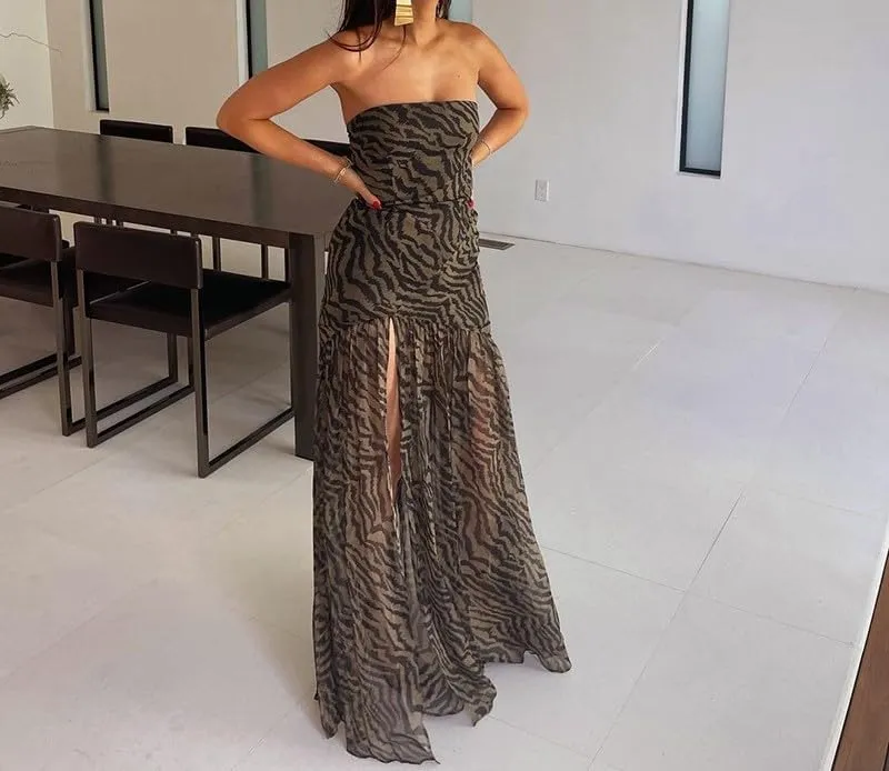 Melliflo Off Shoulder Maxi Dress for Women Leopard Print Tube Dress Summer Flowy Side Slit Ruffle Beach Sundress