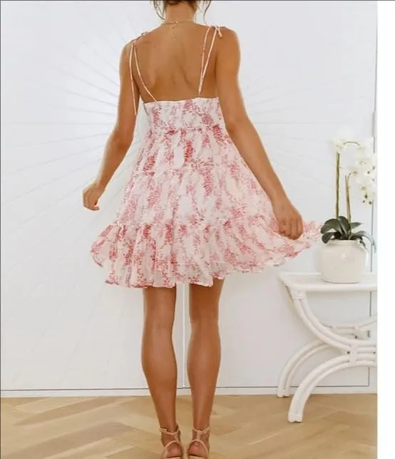 Melliflo Women's Mini Dress Floral Print Strap Tiered Ruffle Hem Scoop Neck Boho Short Dress