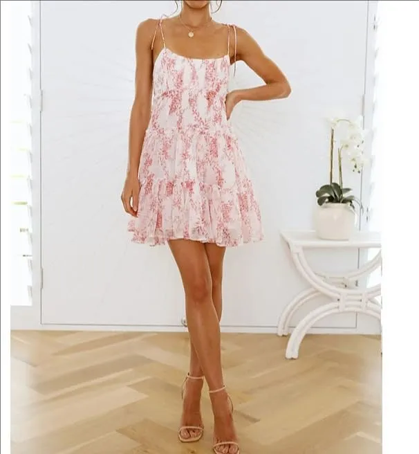 Melliflo Women's Mini Dress Floral Print Strap Tiered Ruffle Hem Scoop Neck Boho Short Dress