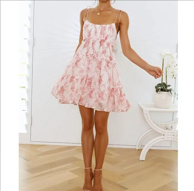 Melliflo Women's Mini Dress Floral Print Strap Tiered Ruffle Hem Scoop Neck Boho Short Dress