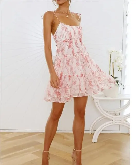 Melliflo Women's Mini Dress Floral Print Strap Tiered Ruffle Hem Scoop Neck Boho Short Dress