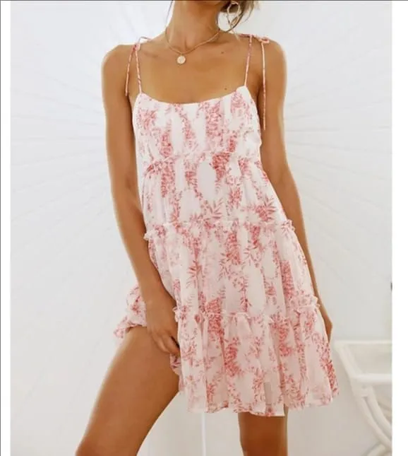 Melliflo Women's Mini Dress Floral Print Strap Tiered Ruffle Hem Scoop Neck Boho Short Dress