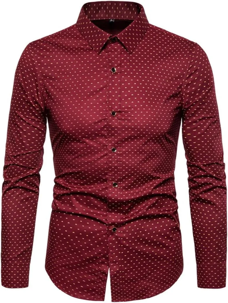 Men Slim Fit Long Sleeve Shirt Print Polka Dot Lapel Autumn Casual Shirt