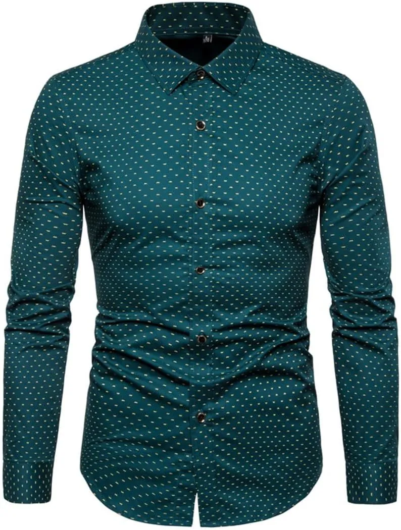 Men Slim Fit Long Sleeve Shirt Print Polka Dot Lapel Autumn Casual Shirt
