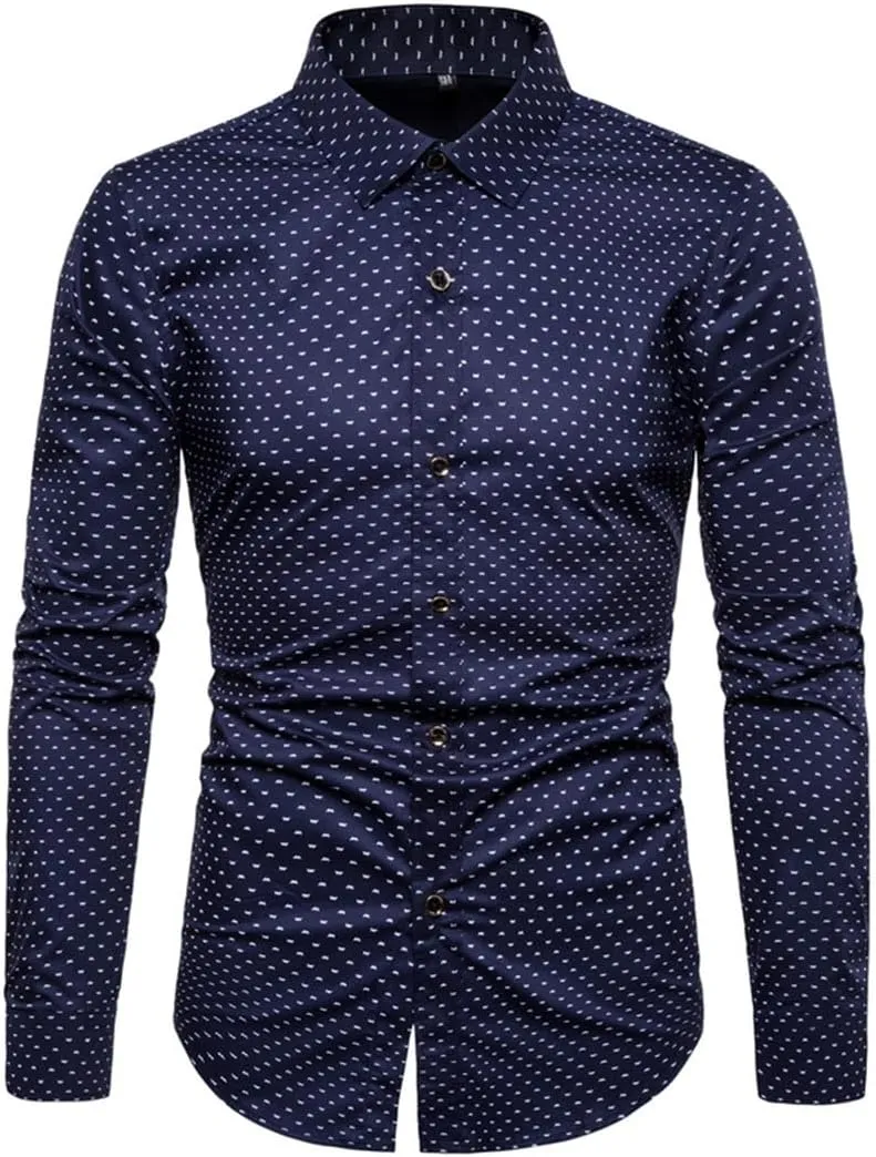 Men Slim Fit Long Sleeve Shirt Print Polka Dot Lapel Autumn Casual Shirt