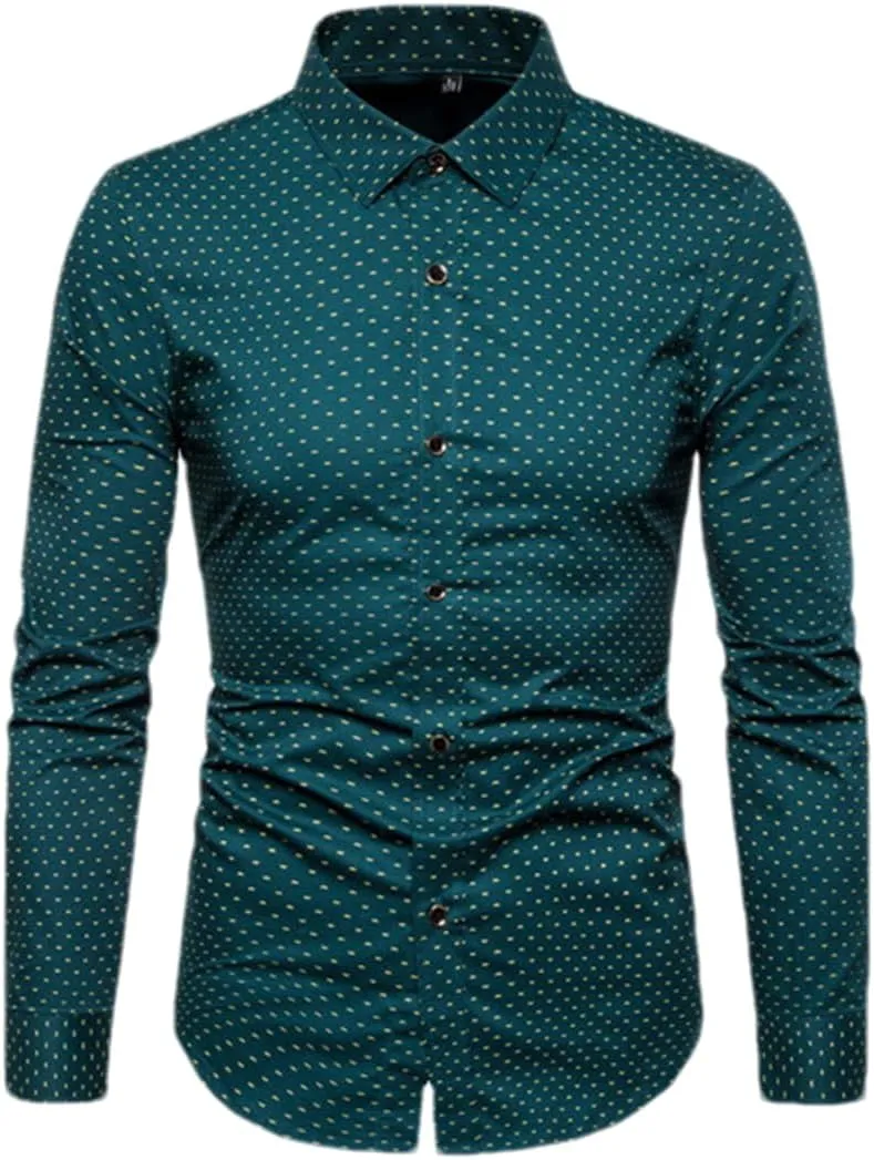 Men Slim Fit Long Sleeve Shirt Print Polka Dot Lapel Autumn Casual Shirt