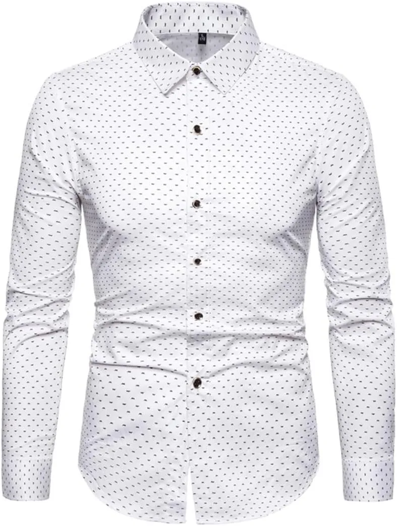 Men Slim Fit Long Sleeve Shirt Print Polka Dot Lapel Autumn Casual Shirt