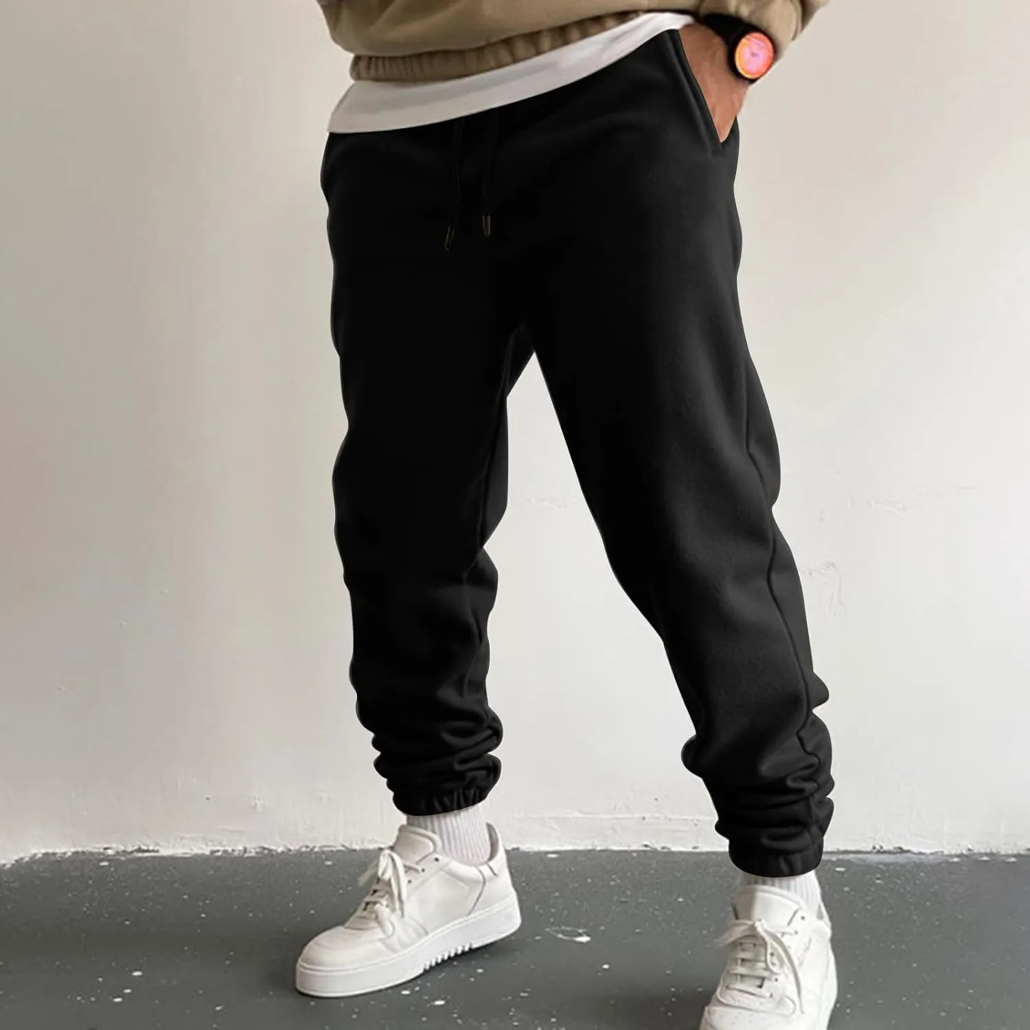 Mens Autumn and Winter High Street Fashion Leisure Loose Sports Running Solid Color Lace Up Pants Sweater Sport
