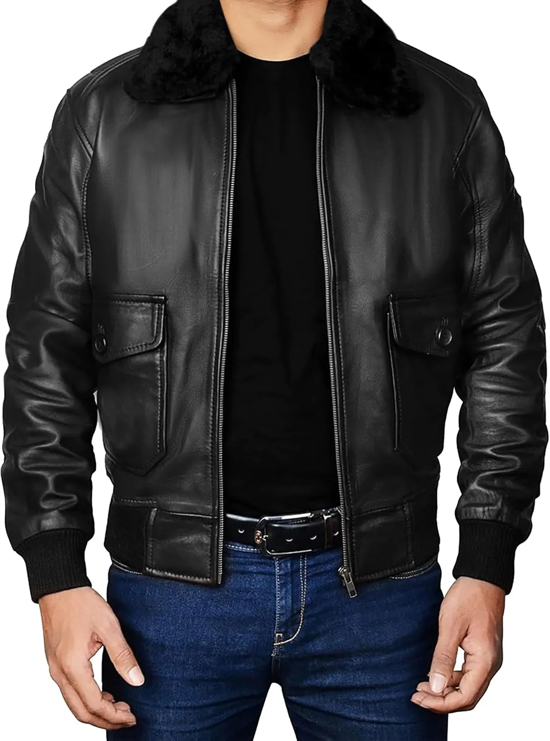 Men's Aviator USAAF Pilot Flying Multiple Patches G1 Bomber Fur Collar Brown Leather Jacket