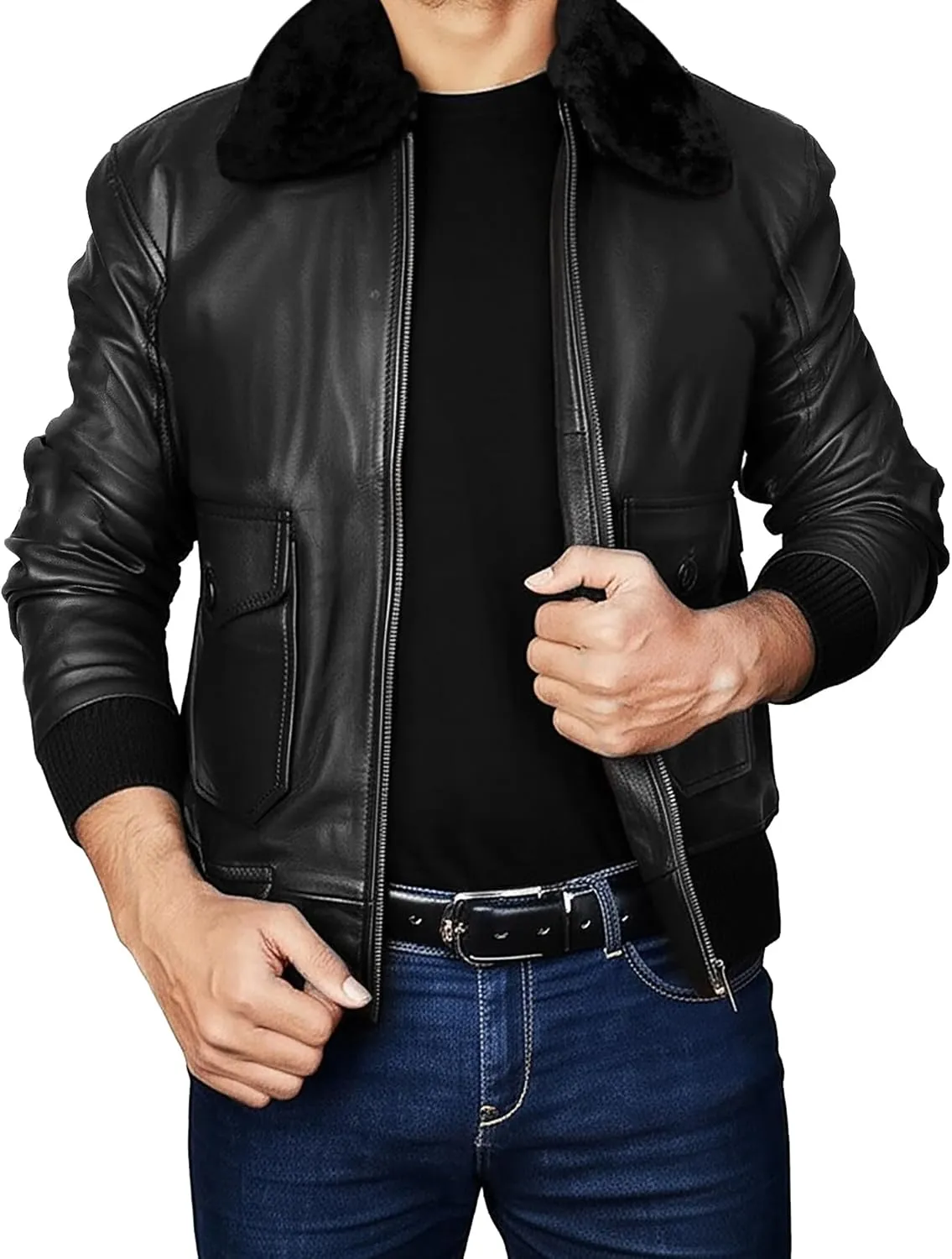 Men's Aviator USAAF Pilot Flying Multiple Patches G1 Bomber Fur Collar Brown Leather Jacket