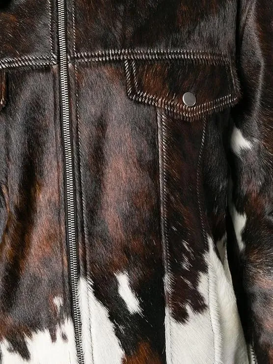 Men's Cowhide Hair-on Jacket, Cow Print, Zip Front, 2 Chest Pockets, Natural Skin