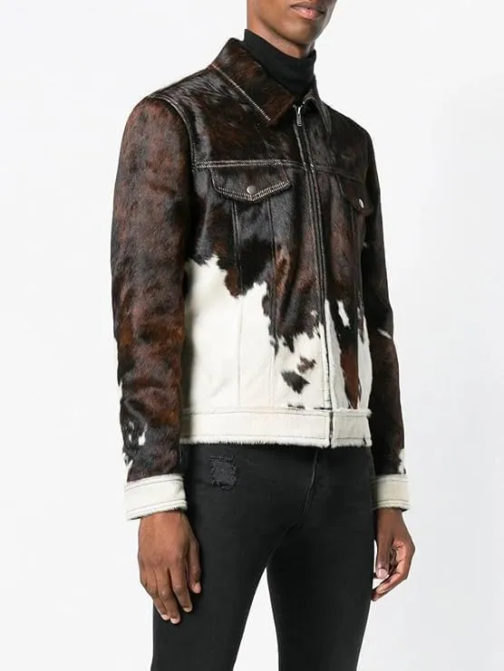 Men's Cowhide Hair-on Jacket, Cow Print, Zip Front, 2 Chest Pockets, Natural Skin