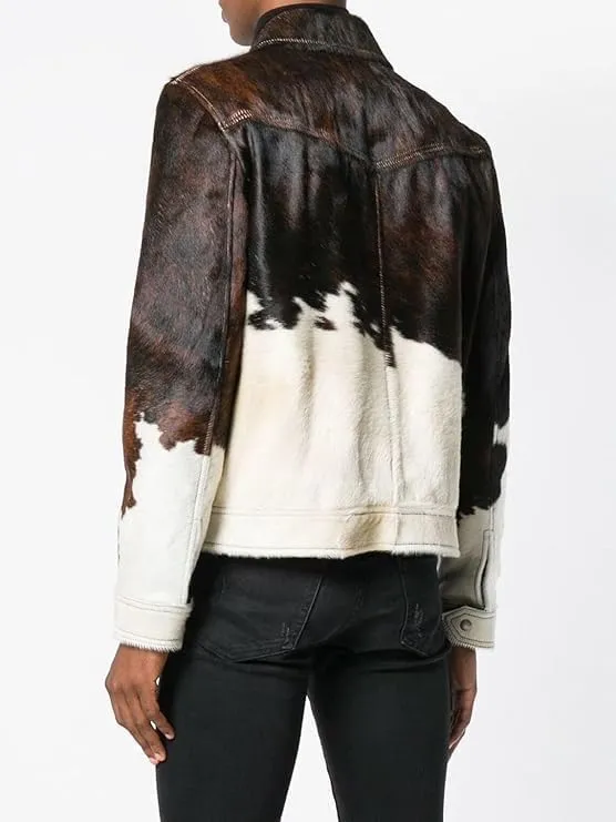 Men's Cowhide Hair-on Jacket, Cow Print, Zip Front, 2 Chest Pockets, Natural Skin