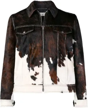 Men's Cowhide Hair-on Jacket, Cow Print, Zip Front, 2 Chest Pockets, Natural Skin