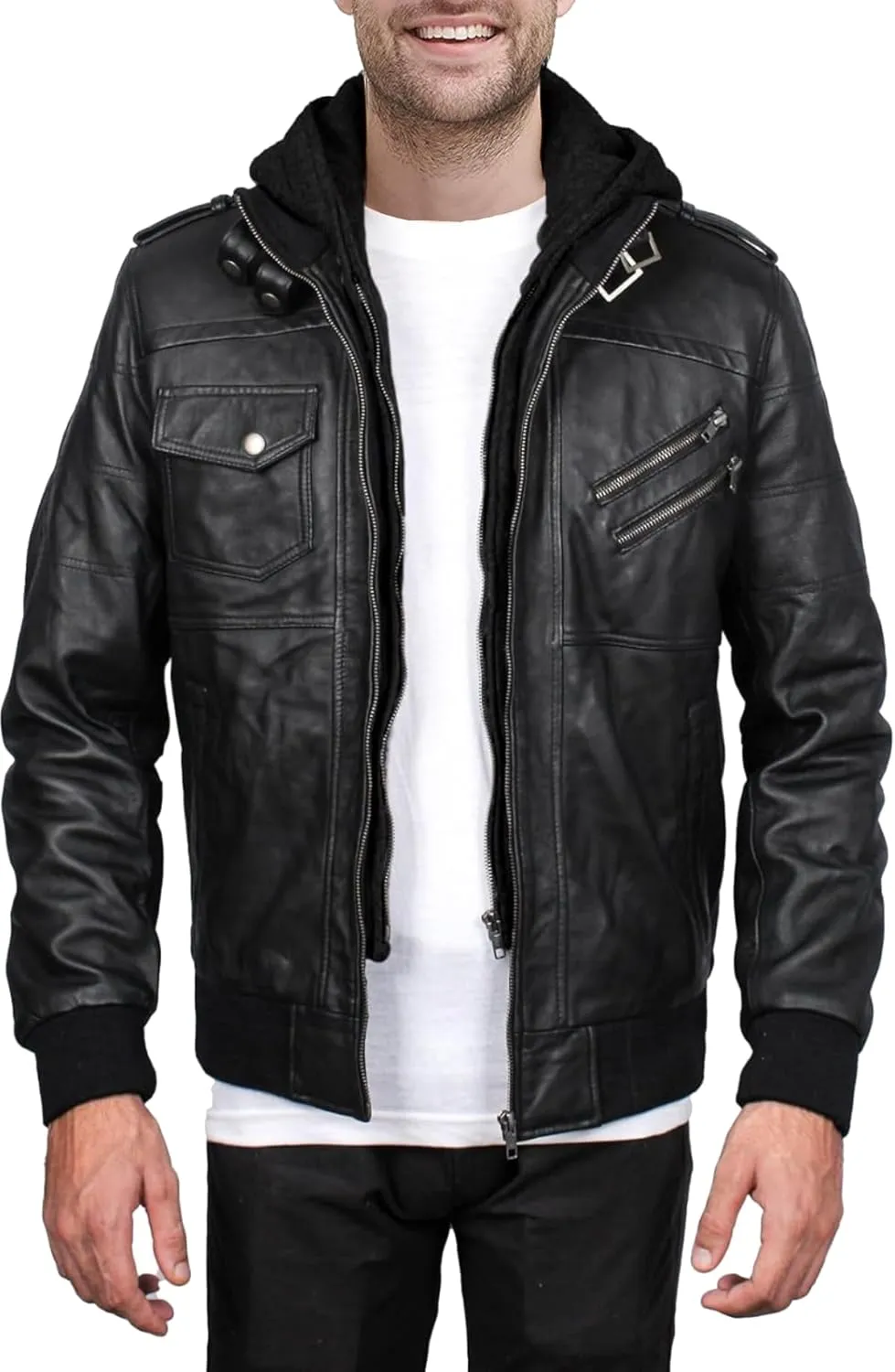 Mens leather jacket Geniune motorcycle Fashion jacket men with removable hood leather jacket for man Leather jacket.