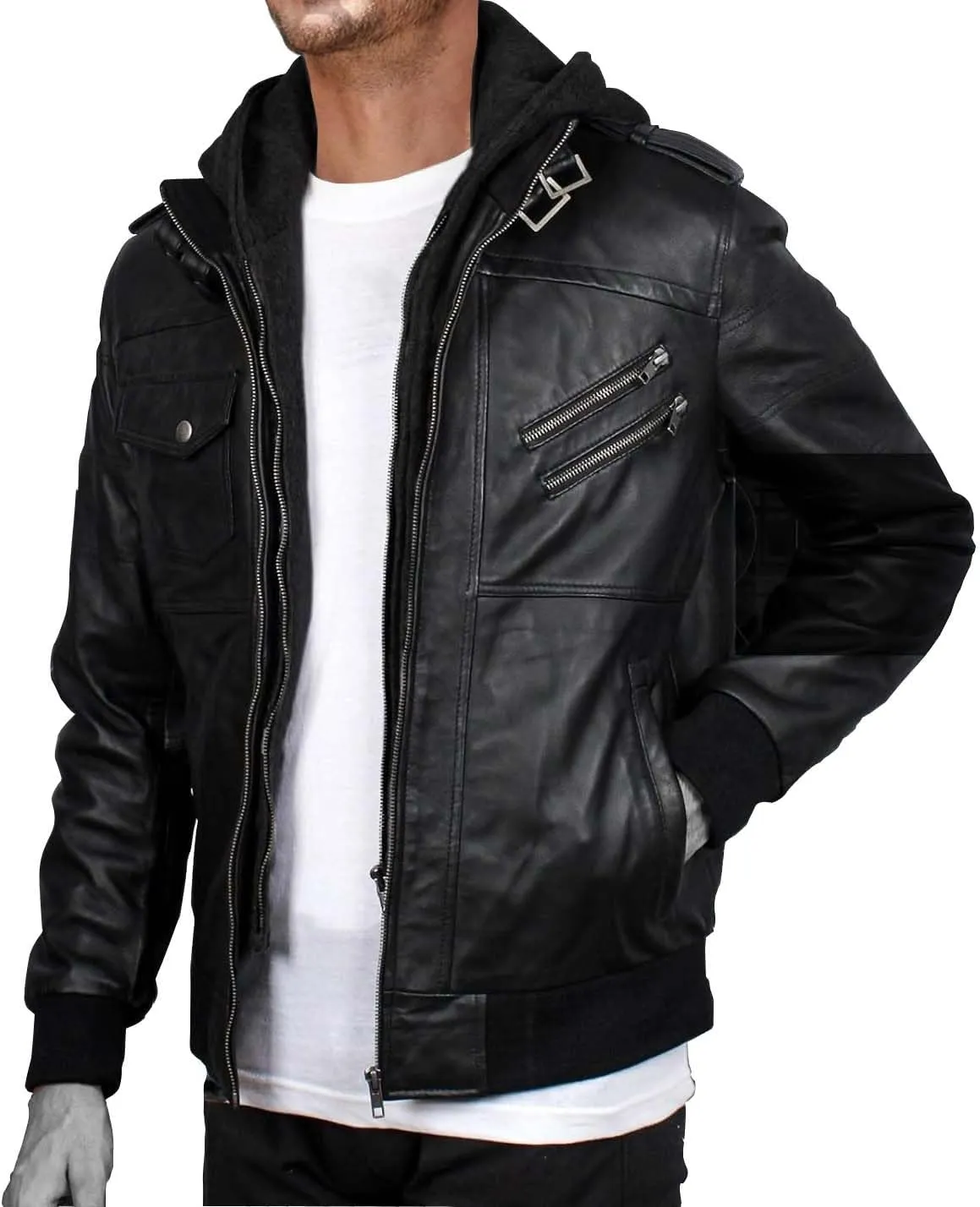Mens leather jacket Geniune motorcycle Fashion jacket men with removable hood leather jacket for man Leather jacket.