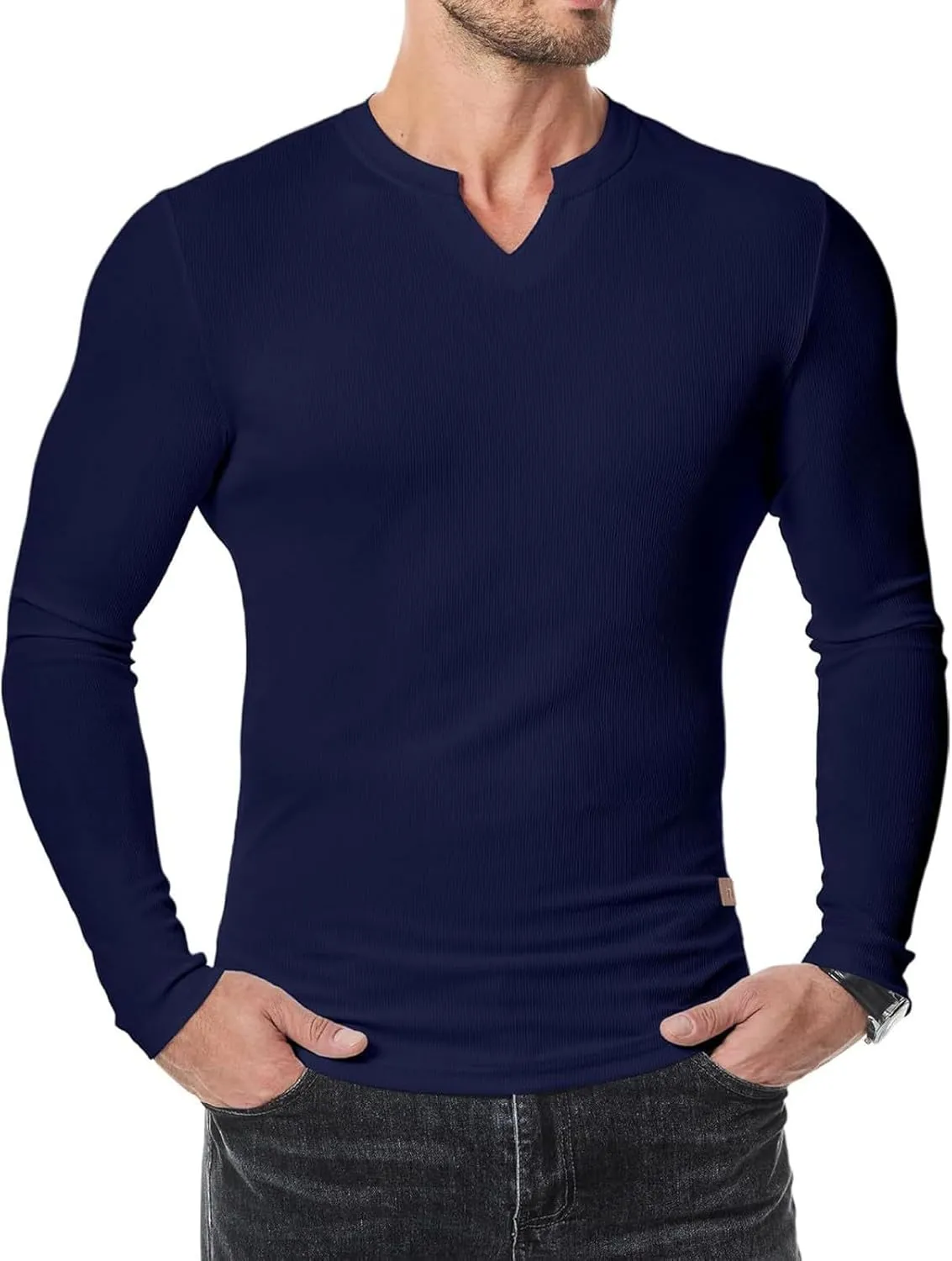 Men's Long Sleeve V-Neck T-Shirt, Soft Cotton, Slim Fit, Casual Wear, Burgundy, Stylish and Comfortable Design